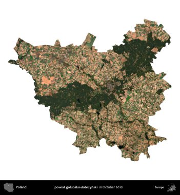 powiat golubsko-dobrzynski. Polonya idari bölgesi, Ekim 2018 'de çekilen Kopernik Nöbetçi karolarından oluşan bir uydu görüntüsü üzerinde beyaza izole edildi.