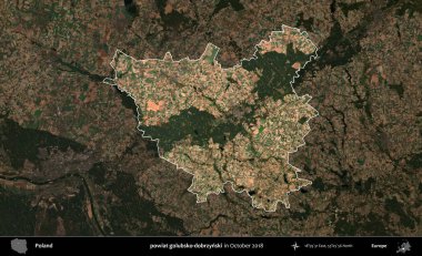 powiat golubsko-dobrzynski. Polonya 'nın idari alanı, Ekim 2018' de çekilen Kopernik Nöbetçi karolarından oluşan koyu renkli bir uydu görüntüsü üzerine vurgulandı ve özetlendi