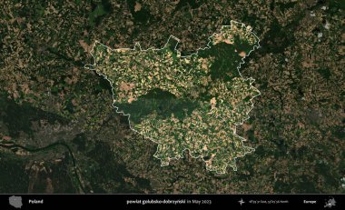 powiat golubsko-dobrzynski. Polonya 'nın idari alanı, Mayıs 2023' te çekilen Kopernik Nöbetçi karolarından oluşan koyu renkli bir uydu görüntüsü üzerinde vurgulandı ve özetlendi.