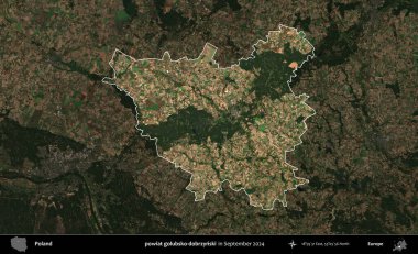 powiat golubsko-dobrzynski. Polonya 'nın idari alanı, Eylül 2024' te çekilen Kopernik Nöbetçi karolarından oluşan koyu renkli bir uydu görüntüsü üzerine vurgulandı ve özetlendi