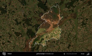 gmina Goniadz. Polonya 'nın idari alanı, Ekim 2021' de çekilen Kopernik Nöbetçi karolarından oluşan koyu renkli bir uydu görüntüsü üzerine vurgulandı ve özetlendi