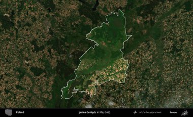 gmina Goniadz. Polonya 'nın idari alanı, Mayıs 2023' te çekilen Kopernik Nöbetçi karolarından oluşan koyu renkli bir uydu görüntüsü üzerinde vurgulandı ve özetlendi.