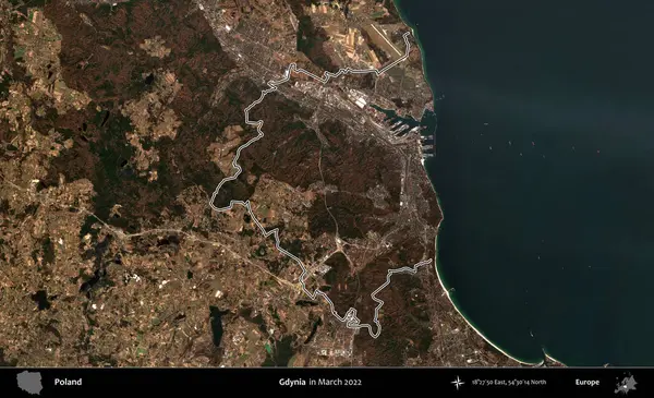 Gdynia. Polonya 'nın idari bölgesini Mart 2022' de çekilen Kopernik Sentinel karolarından oluşan bir uydu görüntüsü ile özetledik.