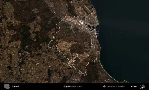 Gdynia. Polonya 'nın idari alanı, Mart 2022' de çekilen Kopernik Nöbetçi karolarından oluşan koyu renkli bir uydu görüntüsü üzerine vurgulandı ve özetlendi.