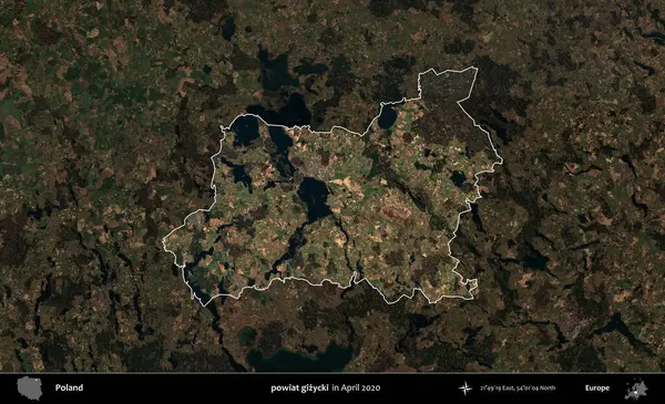 powiat gizycki. Polonya 'nın idari alanı, Nisan 2020' de çekilen Kopernik Nöbetçi karolarından oluşan koyu renkli bir uydu görüntüsü üzerine vurgulandı ve özetlendi
