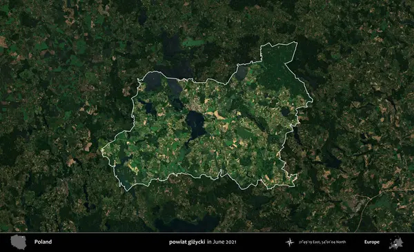 powiat gizycki. Polonya 'nın idari alanı, Haziran 2021' de çekilen Kopernik Nöbetçi karolarından oluşan koyu renkli bir uydu görüntüsüyle vurgulandı ve özetlendi