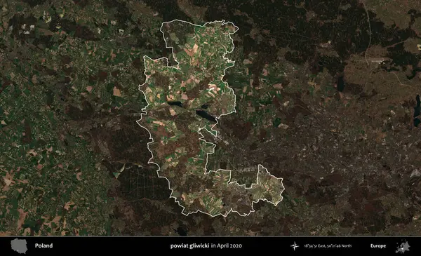 powiat gliwicki. Polonya 'nın idari alanı, Nisan 2020' de çekilen Kopernik Nöbetçi karolarından oluşan koyu renkli bir uydu görüntüsü üzerine vurgulandı ve özetlendi