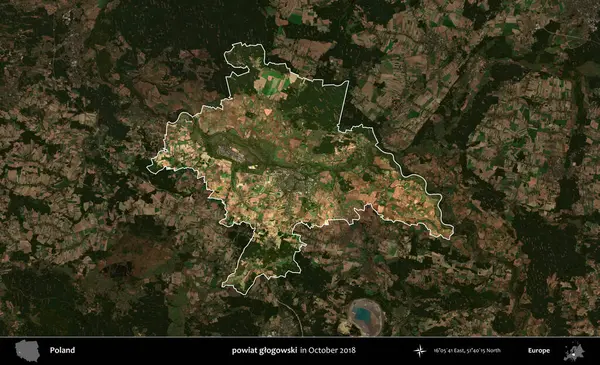 powiat glogowski. Polonya 'nın idari alanı, Ekim 2018' de çekilen Kopernik Nöbetçi karolarından oluşan koyu renkli bir uydu görüntüsü üzerine vurgulandı ve özetlendi