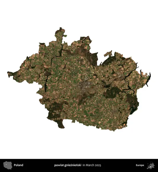 powiat gnieznienski. Polonya idari bölgesi, Mart 2025 'te çekilen Kopernik Nöbetçi karolarından oluşan bir uydu görüntüsü üzerinde beyaza izole edildi.