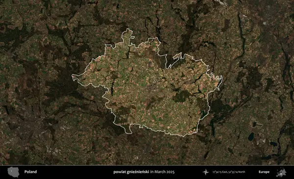 powiat gnieznienski. Polonya 'nın idari alanı, Mart 2025' te çekilen Kopernik Nöbetçi karolarından oluşan koyu renkli bir uydu görüntüsü üzerine vurgulandı ve özetlendi