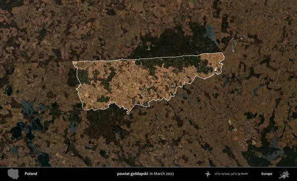 Powiat Golddapski. Polonya 'nın idari alanı, Mart 2022' de çekilen Kopernik Nöbetçi karolarından oluşan koyu renkli bir uydu görüntüsü üzerine vurgulandı ve özetlendi.