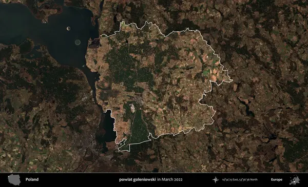 powiat goleniowski. Polonya 'nın idari alanı, Mart 2022' de çekilen Kopernik Nöbetçi karolarından oluşan koyu renkli bir uydu görüntüsü üzerine vurgulandı ve özetlendi.