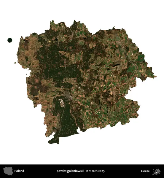 powiat goleniowski. Polonya idari bölgesi, Mart 2025 'te çekilen Kopernik Nöbetçi karolarından oluşan bir uydu görüntüsü üzerinde beyaza izole edildi.