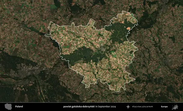 powiat golubsko-dobrzynski. Polonya 'nın idari alanı, Eylül 2024' te çekilen Kopernik Nöbetçi karolarından oluşan koyu renkli bir uydu görüntüsü üzerine vurgulandı ve özetlendi