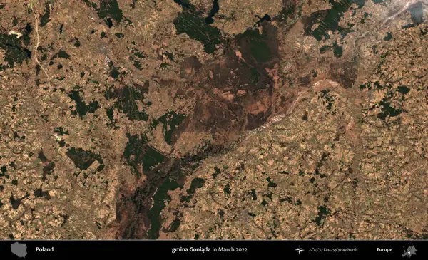 gmina Goniadz. Copernicus Sentinel 'in Mart 2022' de çekilmiş uydu görüntüsü üzerine Polonya 'nın idari bölgesi.