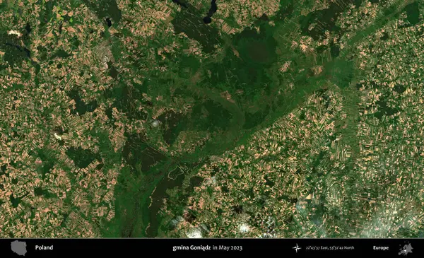 gmina Goniadz. Copernicus Sentinel 'in Mayıs 2023' te çekilmiş uydu görüntüsü üzerine Polonya 'nın idari bölgesi.