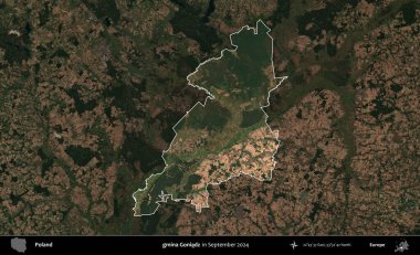 gmina Goniadz. Polonya 'nın idari alanı, Eylül 2024' te çekilen Kopernik Nöbetçi karolarından oluşan koyu renkli bir uydu görüntüsü üzerine vurgulandı ve özetlendi