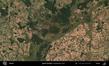 gmina Goniadz. Eylül 2024 'te çekilen Kopernik Sentinel karolarından oluşan uydu görüntüsü üzerine Polonya' nın idari bölgesi