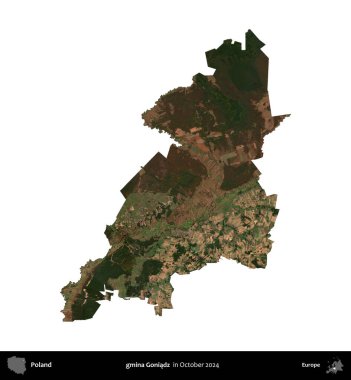 gmina Goniadz. Polonya idari bölgesi, Ekim 2024 'te çekilen Kopernik Nöbetçi karolarından oluşan bir uydu görüntüsü üzerinde beyaza izole edildi.