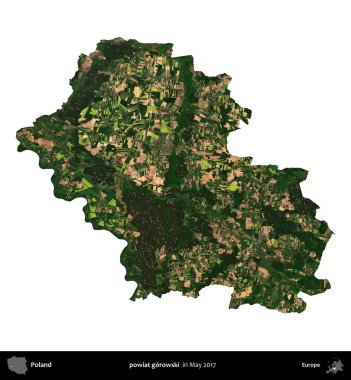 powiat gorowski. Polonya idari bölgesi, Mayıs 2017 'de çekilen Kopernik Nöbetçi karolarından oluşan bir uydu görüntüsü üzerinde beyaza izole edildi.