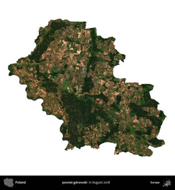 powiat gorowski. Polonya idari bölgesi, Ağustos 2018 'de çekilen Kopernik Nöbetçi karolarından oluşan bir uydu görüntüsü üzerinde beyaza izole edildi.