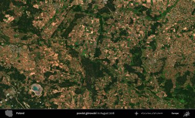 powiat gorowski. Copernicus Sentinel 'in Ağustos 2018' de çekilmiş uydu görüntüsü üzerine Polonya 'nın idari bölgesi