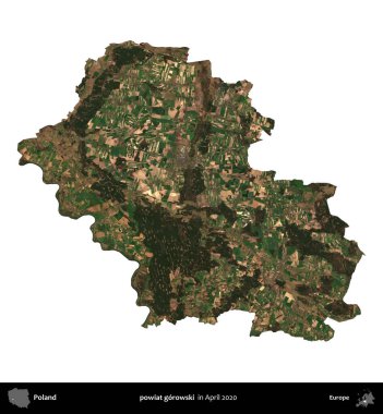powiat gorowski. Polonya idari bölgesi, Nisan 2020 'de çekilen Kopernik Nöbetçi karolarından oluşan bir uydu görüntüsü üzerinde beyaza izole edildi.