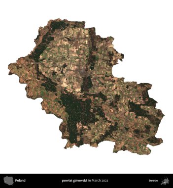 powiat gorowski. Polonya idari bölgesi, Mart 2022 'de çekilen Kopernik Nöbetçi karolarından oluşan bir uydu görüntüsü üzerinde beyaza izole edildi.