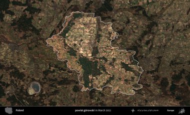 powiat gorowski. Polonya 'nın idari alanı, Mart 2022' de çekilen Kopernik Nöbetçi karolarından oluşan koyu renkli bir uydu görüntüsü üzerine vurgulandı ve özetlendi.
