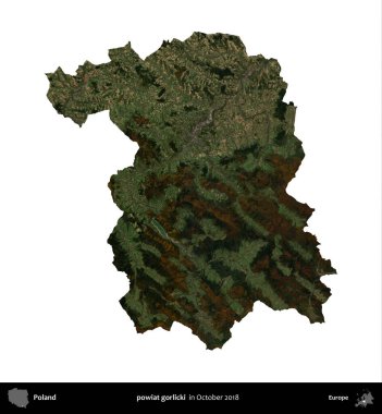 powiat gorlicki. Polonya idari bölgesi, Ekim 2018 'de çekilen Kopernik Nöbetçi karolarından oluşan bir uydu görüntüsü üzerinde beyaza izole edildi.