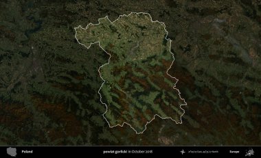 powiat gorlicki. Polonya 'nın idari alanı, Ekim 2018' de çekilen Kopernik Nöbetçi karolarından oluşan koyu renkli bir uydu görüntüsü üzerine vurgulandı ve özetlendi