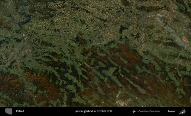 powiat gorlicki. Polonya 'nın idari bölgesi, Ekim 2018' de çekilen Kopernik Sentinel karolarından oluşan bir uydu görüntüsü üzerine kurulmuştur.