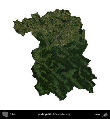 powiat gorlicki. Polonya idari bölgesi, Eylül 2019 'da çekilen Kopernik Nöbetçi karolarından oluşan bir uydu görüntüsü üzerinde beyaza izole edildi.