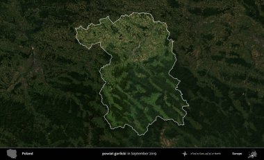powiat gorlicki. Polonya 'nın idari alanı, Eylül 2019' da çekilen Kopernik Nöbetçi karolarından oluşan koyu renkli bir uydu görüntüsü üzerinde vurgulandı ve özetlendi.