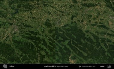 powiat gorlicki. Eylül 2019 'da çekilen Kopernik Sentinel karolarından oluşan uydu görüntüsü üzerine Polonya' nın idari bölgesi
