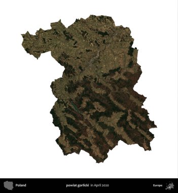 powiat gorlicki. Polonya idari bölgesi, Nisan 2020 'de çekilen Kopernik Nöbetçi karolarından oluşan bir uydu görüntüsü üzerinde beyaza izole edildi.