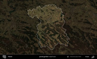 powiat gorlicki. Polonya 'nın idari alanı, Nisan 2020' de çekilen Kopernik Nöbetçi karolarından oluşan koyu renkli bir uydu görüntüsü üzerine vurgulandı ve özetlendi