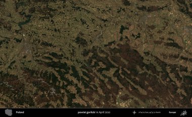 powiat gorlicki. Nisan 2020 'de Copernicus Sentinel karolarından oluşan bir uydu görüntüsü üzerine Polonya' nın idari bölgesi