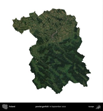 powiat gorlicki. Polonya idari bölgesi, Eylül 2020 'de çekilen Kopernik Nöbetçi karolarından oluşan bir uydu görüntüsü üzerinde beyaza izole edildi.