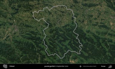 powiat gorlicki. Eylül 2020 'de çekilen Kopernik Nöbetçi karolarından oluşan bir uydu görüntüsü üzerine Polonya' nın idari bölgesinin ana hatlarını çizdim.