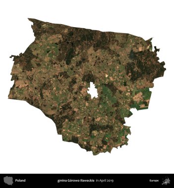 gmina Gorowo Ilaweckie. Polonya idari bölgesi, Nisan 2019 'da çekilen Kopernik Nöbetçi karolarından oluşan bir uydu görüntüsü üzerinde beyaza izole edildi.