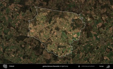 gmina Gorowo Ilaweckie. Polonya 'nın idari alanı, Nisan 2019' da çekilen Kopernik Nöbetçi karolarından oluşan koyu renkli bir uydu görüntüsü üzerine vurgulandı ve özetlendi.