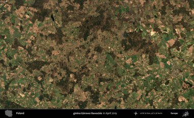 gmina Gorowo Ilaweckie. Nisan 2019 'da çekilen Kopernik Sentinel karolarından oluşan bir uydu görüntüsü üzerine Polonya' nın idari bölgesi