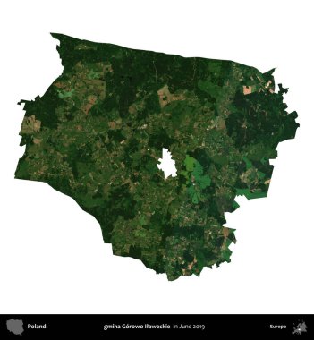 gmina Gorowo Ilaweckie. Polonya idari bölgesi, Haziran 2019 'da çekilen Kopernik Nöbetçi karolarından oluşan bir uydu görüntüsü üzerinde beyaza izole edildi.