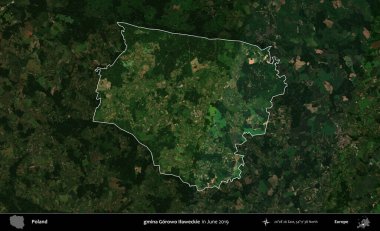 gmina Gorowo Ilaweckie. Polonya 'nın idari alanı, Haziran 2019' da çekilen Kopernik Nöbetçi karolarından oluşan koyu renkli bir uydu görüntüsü üzerine vurgulandı ve özetlendi.