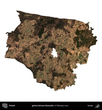 gmina Gorowo Ilaweckie. Polonya idari bölgesi, Şubat 2022 'de çekilen Kopernik Nöbetçi karolarından oluşan bir uydu görüntüsü üzerinde beyaza izole edildi.