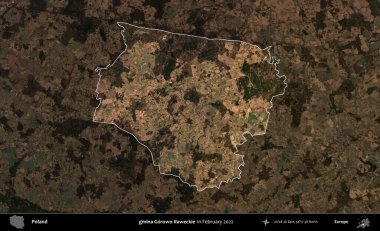 gmina Gorowo Ilaweckie. Polonya 'nın idari alanı, Şubat 2022' de çekilen Kopernik Nöbetçi karolarından oluşan koyu renkli bir uydu görüntüsü üzerine vurgulandı ve özetlendi.