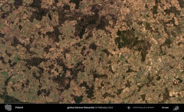 gmina Gorowo Ilaweckie. Polonya 'nın idari bölgesi, Şubat 2022' de çekilen Kopernik Sentinel karolarından oluşan bir uydu görüntüsü üzerine kurulmuştur.