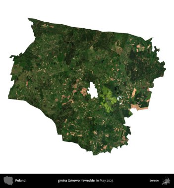 gmina Gorowo Ilaweckie. Polonya 'nın idari bölgesi, Mayıs 2023' te çekilen Kopernik Nöbetçi Fayanslarından oluşan bir uydu görüntüsüyle beyaza izole edildi.