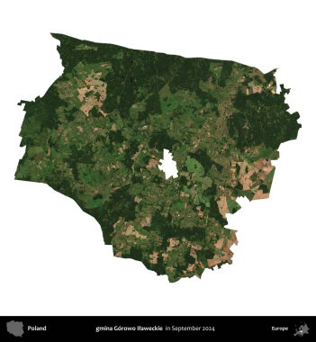 gmina Gorowo Ilaweckie. Polonya idari bölgesi, Eylül 2024 'te çekilen Kopernik Nöbetçi karolarından oluşan bir uydu görüntüsü üzerinde beyaza izole edildi.